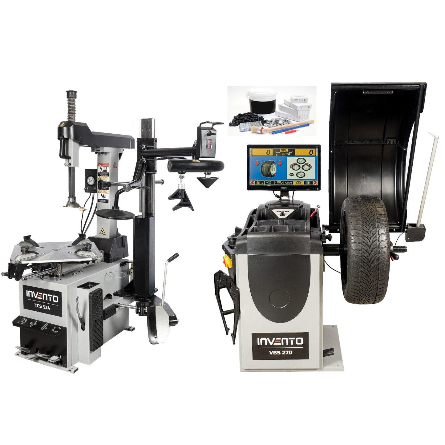 Pack TurboPlus: Démonte-pneus 26″ double vitesse + Equilibreuse automatique 28″ Laser – INVENTO