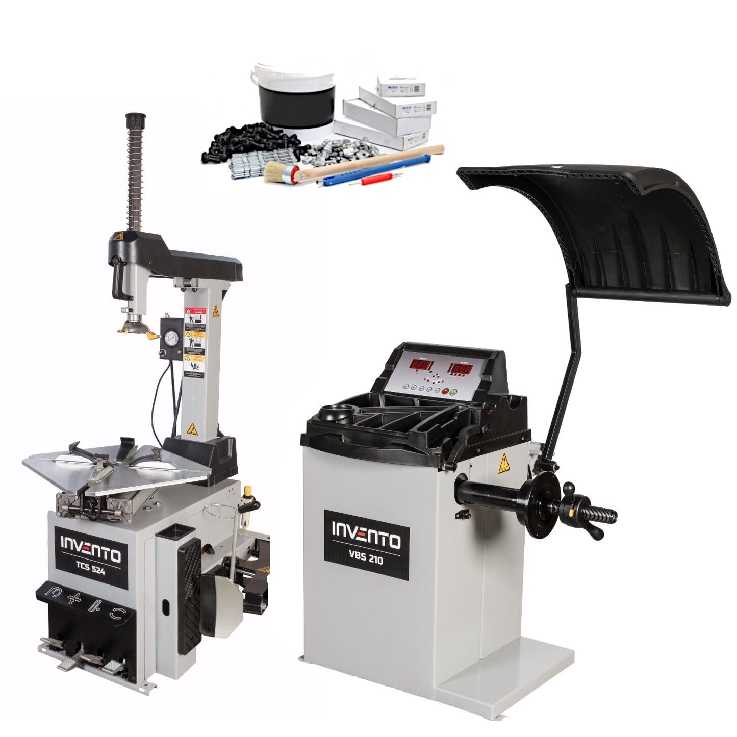 Pack Express : Démonte-pneu double vitesse 26″ colonne basculante 380v + Equilibreuse 24″ avec pointeur laser – INVENTO